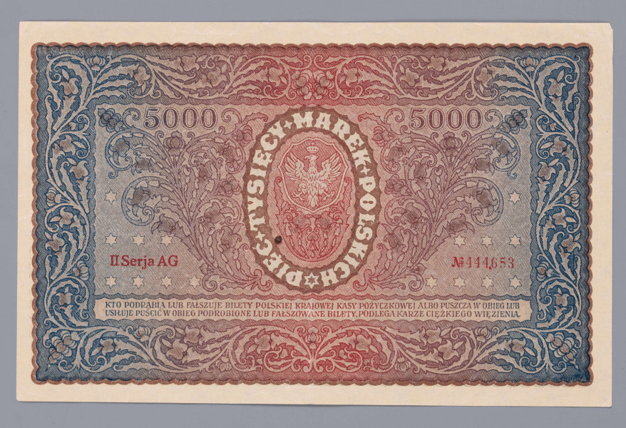 N/Bn/1656/ML - Aw. W falistej ramce ornamentyka w stylu secesji wiedeńskiej. W ozdobnych kartuszach:
 z lewej portret królowej Jadwigi, z prawej Tadeusza Kościuszki. Pod wizerunkami oznaczenie nominału – 5000 i emitenta: POLSKA + KRAJOWA + KASA + POŻYCZKOWA
Centralnie, w tablicy, na tle godła państwowego: PIĘĆ TYSIĘCY / MAREK POLSKICH /czterowierszowa gwarancja państwa polskiego wymiany niniejszego biletu na przyszłą walutę polską / WARSZAWA, DNIA 7. LUTEGO 1920 ROKU / DYREKCJA POLSKIEJ KRAJOWEJ KASY POŻYCZKOWEJ
Podpisy: Władysław Byrka, Józef Zarzycki
Niżej: Skarbnik Główny 
Podpis: Marian Karpus

Rw. Ornamentyka jak na awersie. Centralnie w owalu godło państwowe ujęte dookolnym napisem: *PIĘĆ+TYSIĘCY+MAREK+POLSKICH
Po bokach, u góry: 5000 – 5000; niżej, czerwoną farbą oznaczenie serii i numeru: II Serja AG – No 4444,653
U dołu sankcja karna za podrabianie, fałszowanie i puszczanie w obieg podrobionych lub fałszowanych biletów PKKP.