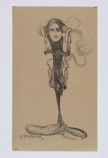 S/G/952/ML - Stylizowany portret kobiety ujętej w całej postaci, en face. Twarz owalna, o wyrazistych rysach. Sylwetka smukła, wydłużona. Ręce uniesione ku górze. Na wysokości łokci oraz bioder spływające woskiem, zgaszone świece, z których wydobywają się faliste smugi dymu. Ubrana w spowijającą ciało długą, rozszerzającą się dołem czarną suknię. 