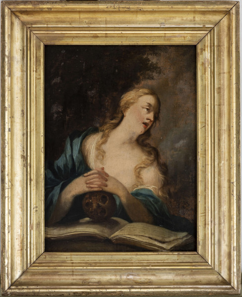 Młoda kobieta w półpostaci, z głową zwróconą w prawo, splecione dłonie opiera na czaszce, pod którą leży rozłożona księga. Ubrana w białą koszulę na którą narzucony jest błękitny płaszcz, zsuniete ubranie odsłania lewe ramię i głęboki dekolt. Karnacja ciała jasna, włosy długie, jasnoblond spływaja na ramiona i dekolt. W tle elementy pejzażu: ciemna korona drzewa po lewej stronie a po prawej pochmurzone niebo. 