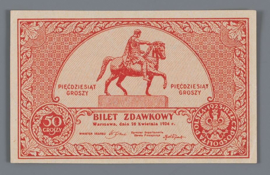 N/Bn/1279/ML - Aw. W ramce zdobionej motywem roślinnym centralnie pomnik księcia Józefa Poniatowskiego, po bokach: PIĘĆDZIESIĄT / GROSZY - PIĘĆDZIESIĄT / GROSZY
Niżej: BILET ZDAWKOWY / Warszawa, dnia 28 kwietnia 1924 r. / MINISTER SKARBU – Dyrektor Departamentu / Obrotu Państwowego
Podpisy: Władysław Grabski – Feliks Młynarski
Po bokach wizerunek monety 50-groszowej; z lewej rewersu, z prawej awersu

Rw. W podwójnej liniowej ramce 13-wierszowy tekst formuły prawnej:
Bilety zdawkowe stanowią prawny środek pła- / tniczy, mający moc umarzania zobowiązań  do kwoty / 10 złotych, przy każdej wypłacie. / Kasy Skarbowe przyjmują bilety zdawkowe / w każdej ilości przy wszelkich wpłatach z wyjąt- / kiem tych wpłat, które w myśl obowiązujących / przepisów winny być uiszczane w złocie. / Bilety zdawkowe poczynając od dnia 1 listo- / pada 1924 r. będą wymieniane przez Skarb Państwa na monety zdawkowe względnie bilety Banku Pol- / skiego. Obowiązek dokonania przez Skarb Państwa / wymiany ustaje z dniem  31 stycznia 1925 roku.