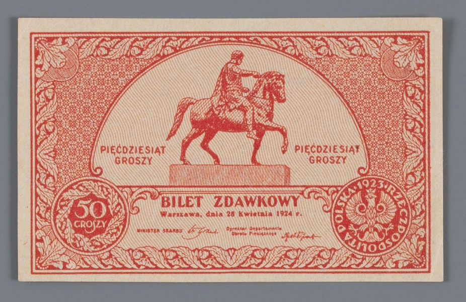 N/Bn/1279/ML - Aw. W ramce zdobionej motywem roślinnym centralnie pomnik księcia Józefa Poniatowskiego, po bokach: PIĘĆDZIESIĄT / GROSZY - PIĘĆDZIESIĄT / GROSZY
Niżej: BILET ZDAWKOWY / Warszawa, dnia 28 kwietnia 1924 r. / MINISTER SKARBU – Dyrektor Departamentu / Obrotu Państwowego
Podpisy: Władysław Grabski – Feliks Młynarski
Po bokach wizerunek monety 50-groszowej; z lewej rewersu, z prawej awersu

Rw. W podwójnej liniowej ramce 13-wierszowy tekst formuły prawnej:
Bilety zdawkowe stanowią prawny środek pła- / tniczy, mający moc umarzania zobowiązań  do kwoty / 10 złotych, przy każdej wypłacie. / Kasy Skarbowe przyjmują bilety zdawkowe / w każdej ilości przy wszelkich wpłatach z wyjąt- / kiem tych wpłat, które w myśl obowiązujących / przepisów winny być uiszczane w złocie. / Bilety zdawkowe poczynając od dnia 1 listo- / pada 1924 r. będą wymieniane przez Skarb Państwa na monety zdawkowe względnie bilety Banku Pol- / skiego. Obowiązek dokonania przez Skarb Państwa / wymiany ustaje z dniem  31 stycznia 1925 roku.