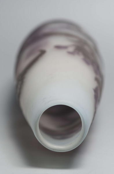 S/CS/1620/ML - Wazon o kształcie wrzecionowatym ze szkła grubościennego, matowego, bezbarwnego,  podbarwionego od dołu fioletem, od góry błękitem. Powlekany warstwą liliową i brązowooliwkową; w niej trawiona i polerowana dekoracja roślinna: swobodnie rozmieszczone gałązki werbeny z kwiatami.
 