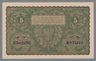N/Bn/693/ML - Aw. W falistej ramce ornamentyka kwietna w stylu wiedeńskiej secesji. Z lewej stylizowana tarcza z godłem państwowym; z prawej w stylizowanej tarczy wizerunek Tadeusza Kościuszki 3/4 w lewo. W polu centralnym dużym liternictwem: PIĘĆ / MARKEK POLSKICH; niżej drobnym drukiem: PAŃSTWO POSLKIE BIERZE NA SIEBIE ODPOWIEDZIAL- / NOŚĆ ZA WYMIANĘ NINIEJSZEGO BILETU NA PRZYSZŁĄ / WALUTĘ POLSKĄ WEDLUG STOSUNKU, KTÓRY DLA / MAREK POLSKICH UCHWALI SEJM USTAWODAWCZY. / WARSZAWA, DNIA 23. SIERPNIA 1919 ROKU / DYREKCJA POLSKIEJ KRAJOWEJ KASY POŻYCZKOWEJ
W tle oznaczenie nominału, stylizowaną cyfrą arabską.
Podpisy: Józef Zarzycki (Dyrekcja PKKP); Marian Karpus (Skarbnik Główny)
U góry, przy ramce dużym liternictwem: POLSKA . KRAJOWA; u dołu KASA . POŻYCZKOWA
W rogach tonda z oznaczeniem nominału cyfrą arabską.

Rw. W falistej rance ornamentyka kwietna. W polu centralnym w stylizowanej tarczy godło państwowe; wyżej w stylizowanej ramce tekst z sankcją karną za fałszowanie biletów PKKP. Po bokach, w tondach, oznaczenie nominału cyfrą arabską; niżej numer i seria: II SERJA BG –  No 827,073