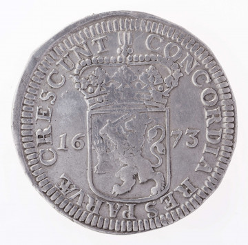 Aw. Postać rycerza w zbroi w profilu w prawo, z przyłbicą na głowie z podniesioną zasłoną. Rycerz w prawej dłoni trzyma miecz ostrzem skierowany do góry, a w lewej na wstędze tarczę z herbem Holandii. Legenda dookolna rozdzielona u góry przez wizerunek:
MONO.ARG:PRO:CONFOE:BELG:CO:HOL.
Dwie ostanie litery w wyrazie CONFOE w formie ligatury,
Przy obrzeżu pojedynczy otok ząbkowany.

Rw. Ukoronowana tarcza z herbem Republiki Zjednoczonych Prowincji rozdziela datę; umieszczoną na osi poziomej: 16 – 73
Legenda dookolna:
CONCORDIA RES PARVAE CRESCUNT
Dwie ostatnie litery w wyrazie PARVAE w formie ligatury.
Przy obrzeżu pojedynczy tok ząbkowany.
