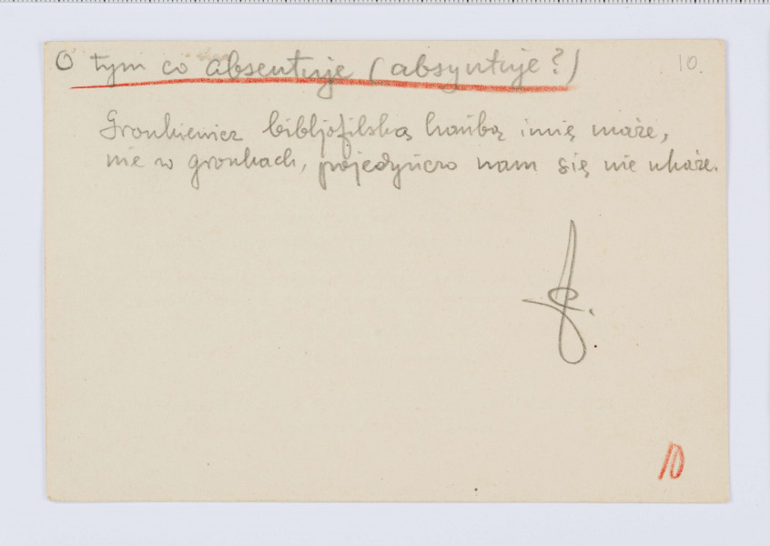 Rękopis Józefa Czechowicza, tekst zapisany czarnym ołówkiem na odwrocie kartonika (wym. 10 x 15 cm), na którym po stronie recto zanajduje się drukowany formularz zaproszenia na 