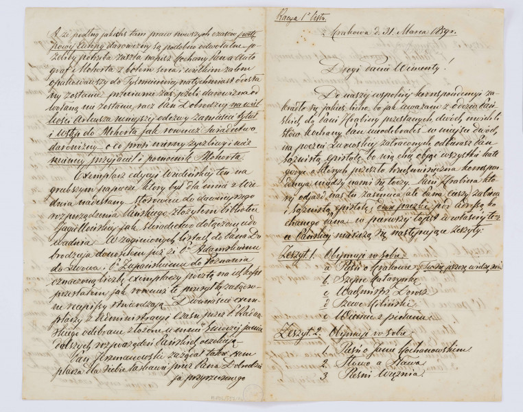 Rękopis listu Szymona Dutkiewicza do Wincentego Pola napisany na czterech kartach A4. Karty pożókłe, pismo bardzo staranne, czytelne, duże litery pisane czarnym atramentem, pismo pochylone na prawą stronę. Wszystkie strony zapisane, margines z lewej strony 2 cm.