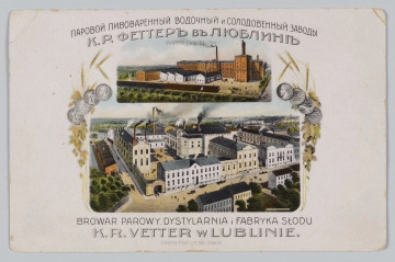 ML/H/1813 - Pocztówka barwna reklamująca lubelskie browary Vetterów. Na awersie zabudowania fabryczne na dwóch ilustracjach zamieszczonych jedna pod drugą w poziomie. U góry nadruk informacyjny z nazwą wytwórni w języku rosyjskim. Litery w kolorze czarnym. Napis cyrylicą ułożony łukowato. Pod ilustracjami powtórzony w liniach prostych napis informacyjny w języku polskim. Mniejsza ilustracja przedstawia fabryczne budynki z czerwonej cegły. Większa, w dolnej części pocztówki, ukazuje widok na zabudowania browaru i destylarni na tle panoramy miasta. Ujęcie z góry. Budynki w kolorystyce piaskowo-białej. Po bokach ilustracji po cztery srebrne medale na tle kłosów i gałązek chmielu. 
Na rewersie nadruk w języku rosyjskim i angielskim z nazwą karty pocztowej. Druk i linatura w kolorze jasnozielonym. Pozostawione miejsce na korespondencje i na adres. Brak śladów obiegu pocztowego. 
