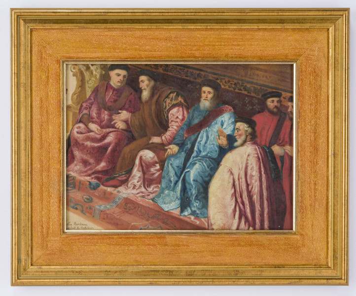 Scena figuralna we wnętrzu skomponowana po przekątnej od lewego górnego do prawego dolnego rogu. Grupa sześciu mężczyzn - pięciu siedzi na ławie, jeden stoi przed nimi na pierwszym planie - ubranych w barwne, zdobione szaty, prowadzi rozmowę. Siedzą na rzeźbionej ławie wyłożonej kobiercem, ustawionej na dwóch schodkach.
