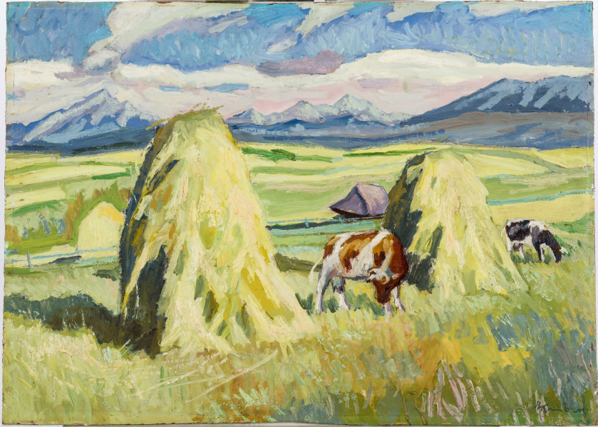 Na pierwszym planie łąka z dwoma stogami siana. Obok nich pasą się dwie krowy, jedna biało-brązowa, druga biało-czarna. W głębi widoczny dwuspadowy dach chaty. Na nią roztaczają się zielone pola. Na horyzoncie pasmo stożkowych gór i niebo pokryte churami.
