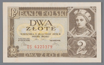 N/Bn/788/ML - Aw. Z prawej, w nieforemnym osmioboku, portret Dabrówki wg Jana Matejki. Niżej, na tle giloszowej ornamentyki, oznaczenie nominału - 2. Z lewej u góry w ramce: BANK POLSKI; niżej w polu: DWA / ZŁOTE / WARSZAWA D. 26 LUTEGO 1936 R. / PREZES BANKU / NACZELNY / DYREKTOR – SKARBNIK
Podpisy, odpowiednio: Adam Koc, Leon Barański, Stanisław Orczykowski
U dołu w ramce: DWA ZŁOTE
W lewym górnym rogu monogram: BP; w dolnym na tle ornamentu giloszowego wartość: 2
Seria i numer: DS 6225279