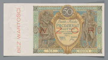 N/Bn/1627/ML - Aw. W prostej ramce centralnie ozdobny owalny kartusz z treścią: Bank Polski / PIĘĆDZIESIĄT / ZŁOTYCH / Warszawa D. 28 SIERPNIA 1925 R. / PREZES BANKU / NACZELNY DYREKTOR / SKARBNIK
Odpowiednio podpisy: Stanisława Karpińskiego, Władysława Mieczkowskiego, Stanisława Orczykowskiego.
Po bokach kartusza postacie, z lewej sybmolizująca rolnictwo, z prawej przemysł. Oznaczenie nominału w rogach ramki i w kartuszu centralnie na środku u góry - 50 oraz słownie: PIĘĆDZIESIĄT  – ZŁOTYCH. W ramce na osi poziomej splecione litery: BP – BP. U dołu  seria i numer: Ser.A. – 0245678. Na marginesie znak wodny, popiersie króla Stefana Batorego i nadruk w kolorze czerwonym pionowo do góry: BEZ WARTOŚCI

Rw. W prostej ramce u góry napis: BANK POLSKI. Niżej dwa równoległe tonda z wizerunkami Banku Polskiego; w lewym stary budynek z 1828 r. (na Placu Bankowym), w prawym budynek z okresu międzywojennego przy ul. Bielańskiej. Tonda rozdzielone kaduceuszem - atrybutem Hermesa, boga handlu. Nad tondami skośnie oznaczenie nominału - 50, poniżej splecione litery BP. Niżej w ramce napis: PIĘĆDZIESIĄT ZŁOTYCH. U dołu godło państwa polskiego, bo bokach ramki z napisami; z lewej: BILETY / BANKU POLSKIEGO / SĄ PRAWNYM / ŚRODKIEM PŁATNICZYM / W POLSCE
z prawej: PODRABIANIE - USIŁOWANIE / PODRABIANIA - PUSZCZANIE / W OBIEG - LUB - USIŁOWANIE / PUSZCZANIA W OBIEG / PODROBIONYCH BILETÓW / BANKU POLSKIEGO PODLEGA / KARZE CIĘŻKIEGO WIĘZIENIA
Oznaczenie nominału w ramce na osi poziomej w tondach: 50 – 50. Czerwony poziomy nadruk: WZÓR
Na marginesie znak wodny, popiersie króla Stefana Batorego i pionowy czerwony nadruk skierowany do dołu: BEZ WARTOŚCI

