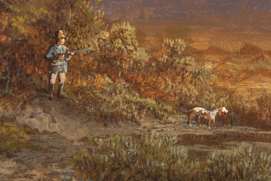 Pejzaż jesienny o ciepłych barwach ze sztafażem. Na pierwszym planie, po prawej niebieski staw, porośnięty sitowiem. Po lewej - wysokie drzewa z rozłożystymi koronami oraz krzewy. W środkowej części obrazu - sylwetka myśliwego z psem. W oddali - rozległy pejzaż z zarysem linii lasu na horyzoncie. Wyżej niebo, po prawej stronie lecący klucz kaczek. 