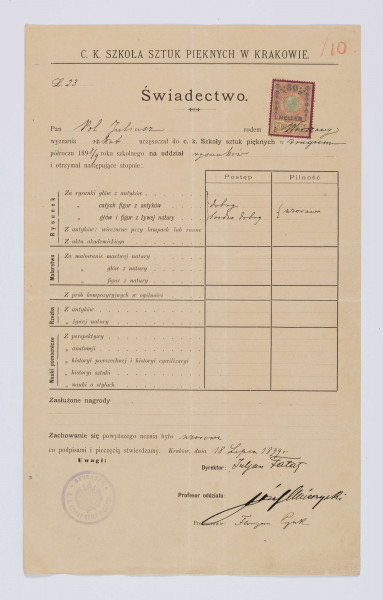 MPol/209/ML - Świadectwo Juliusza Pola - druk jednostronny; dokument zawiera informacje dotyczące osoby studenta oraz rubryki z przedmiotami i ocenami. U dołu okrągła pieczęć dyrekcji szkoły. W górnym prawym rogu czerwoną kredką napisana cyfra 10, pod nią znaczek skarbowy. Dokument pisany czarnym atramenetm.