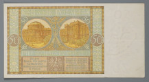 N/Bn/1743/ML - Aw. W lewym marginesie znak wodny - popiersie Stefana Batorego w profilu w prawo i z oznaczeniem nominału: 50 / ZŁ. W podwójnej ramce w rogach wartość: 50; po bokach na osi poziomej monogramy BP. W polu centralnym  kartusz, zwieńczony okrągłą zdobioną tarczą z wartością 50, z zakomponowaną treścią: Bank Polski / PIEĆDZIESIĄT / ZŁOTYCH / WARSZAWA D. 1 WRZEŚNIA 1929 r. / PREZES BANKU / NACZELNY DYREKTOR – SKARBNIK
Podpisy, odpowiednio: Władysław Wróblewski, Władysław Mieczkowski, Stanisław Orczykowski
U dołu seria i numer: Ser. E W. – 9648411

Rw. W prostej ramce z motywami roślinnymi w tondach budynki Banku Polskiego; z lewej stary budynek z 1828 r. na Placu Bankowym, z prawej nowy z okresu międzywojennego przy ul. Bielańskiej. Przedstawienia przedzielone kaduceuszem atrybutem Hermesa i rogami obfitości. Nad tondami, po przekątnej, oznaczenie nominału - 50, a niżej monogramy BP
Od góry napis: BANK POLSKI / PIĘĆDZIESIĄT ZŁOTYCH. Niżej w ramkach; z lewej: BILETY / BANKU POSLKIEGO / SĄ PRAWNYM / ŚRODKIEM PŁATNICZYM / W POLSCE; z prawej: PODRABIANIE - USIŁOWANIE / PODRABIANIA - PUSZCZANIE / W OBIEG - LUB - USIŁOWANIE / PUSZCZANIA W OBIEG / PODROBIONYCH BILETÓW / BANKU POLSKIEGO PODLEGA / KARZE CIĘŻKIEGO WIĘZIENIA
Po bokach na osi poziomej tonda z oznaczeniem nominału: 50
