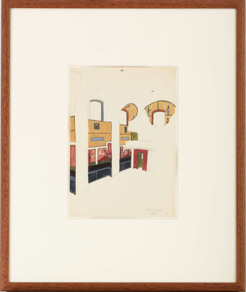 Projekt niezrealizowanej polichromii do kościoła akademickiego KUL. Widok strony południowo-zachodniej nawy. Dekoracja podzielona ramami na geometryczne kwatery. W dolnej części nawy sceny Drogi Krzyżowej. Dookoła okna po stronie elewacji zachodniej sylwetki świętych. 