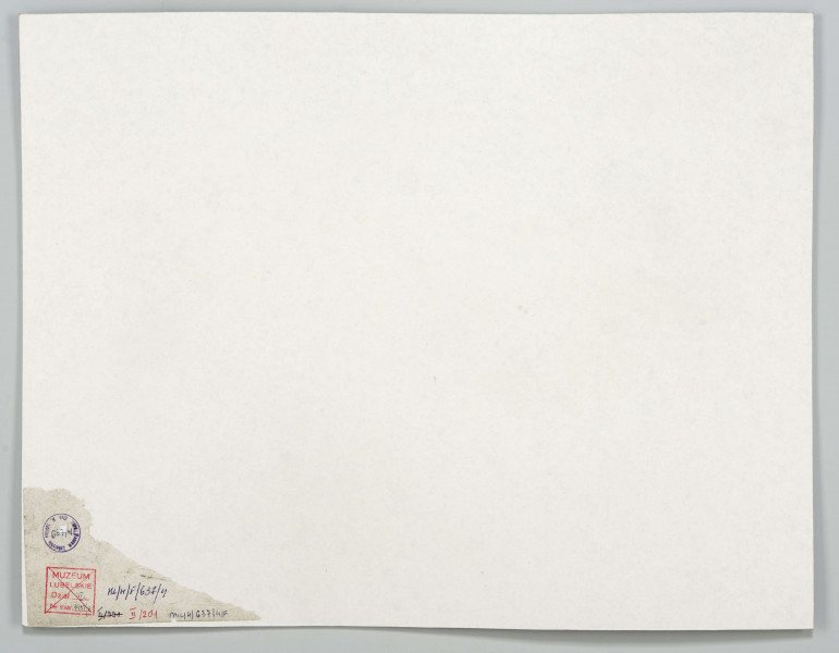 Budynek drewniany, parterowy, nakryty dachem z blachy. Wejście do budynku w formie podcienia wspartego na drewnianych filarach, do drzwi prowadzą schody. Niektóre elementy dachu w formie wieżyczek, nad wejściem umieszczona flaga. Szczyty i obramienia okien wykończone dekoracyjną formą stolarki. Teren częściowo uporządkowany, ogrodzony niskim płotem, przed budynkiem stoi kilka osób. Fotografia o zaokrąglonych rogach, obrysowana dookoła cienką ramką, naklejona na tekturę. Powyżej i pod fotografią napisy po rosyjsku - z lewej i po polsku - z prawej strony. W dolnej części informacja o autorze zdjęcia po rosyjsku.