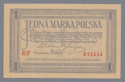 N/Bn/1117/ML - W wyodrębnionym polu, ujętym złożoną ornamentalną ramką napis, od góry:
JEDNA MARKA POLSKA 
Niżej klauzula:
Państwo Polskie przyjmuje odpowiedzialność za wymianę / niniejszego biletu na przyszłą polską walutę według stosunku, / który dla Marek Polskich uchwali Sejm Ustawodawczy. / 
Warszawa, dnia 17 maja 1919 roku. 
 Dyrekcja Polskiej Krajowej Kasy Pożyczkowej:
Podpisy: Ernest Adam, Józef Zarzycki
Niżej podpis Głównego Skarbnika Mariana Karpusa.
U dołu czerwonym kolorem numer i seria: ICF – 324.454
Niżej drobnym drukiem sankcja za fałszowanie biletów Polskiej Krajowej Kasy Pożyczkowej.
U góry w ramce napis poziomo: BILET POLSKIEJ KRAJOWEJ KASY POŻYCZKOWEJ
W narożnikach oznaczenie nominału: 1

Rw. W okrągłym polu centralnym Orzeł ustawowy. U góry z lewej i prawej głowy żeńskie. po bokach oznaczenie nominału: 1 – 1
U dołu napis: JEDNA; po bokach: MARKA / POLSKA – MARKA / POLSKA
Druk w kolorze fioletowym i szaroniebieskim.
