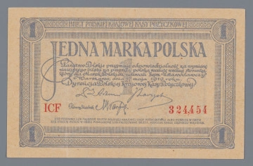 N/Bn/1117/ML - W wyodrębnionym polu, ujętym złożoną ornamentalną ramką napis, od góry:
JEDNA MARKA POLSKA 
Niżej klauzula:
Państwo Polskie przyjmuje odpowiedzialność za wymianę / niniejszego biletu na przyszłą polską walutę według stosunku, / który dla Marek Polskich uchwali Sejm Ustawodawczy. / 
Warszawa, dnia 17 maja 1919 roku. 
 Dyrekcja Polskiej Krajowej Kasy Pożyczkowej:
Podpisy: Ernest Adam, Józef Zarzycki
Niżej podpis Głównego Skarbnika Mariana Karpusa.
U dołu czerwonym kolorem numer i seria: ICF – 324.454
Niżej drobnym drukiem sankcja za fałszowanie biletów Polskiej Krajowej Kasy Pożyczkowej.
U góry w ramce napis poziomo: BILET POLSKIEJ KRAJOWEJ KASY POŻYCZKOWEJ
W narożnikach oznaczenie nominału: 1

Rw. W okrągłym polu centralnym Orzeł ustawowy. U góry z lewej i prawej głowy żeńskie. po bokach oznaczenie nominału: 1 – 1
U dołu napis: JEDNA; po bokach: MARKA / POLSKA – MARKA / POLSKA
Druk w kolorze fioletowym i szaroniebieskim.