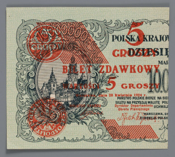 N/Bn/1417/ML - Aw. na druk w czerwieni w prawej części banknotu o nominale 10 milionów marek polskich z 20 listopada 1923 r., bez numeracji. Od góry rysunek przedstawiający rewers i awers monety 5-groszowej z 1923 r. Centrlanie napis: 5 / GROSZY / BILET ZDAWKOWY / WARTOSCI 5 GROSZY / Warszawa, dnia 28 kwietnia 1924 r. / MINISTER SKARBU – Dyrektor Departamentu / Obrotu Pieniężnego 
Podpisy: Władysław Grabski – Feliks Młynarski

Rw. Na lewej stronie rewersu banknotu o nominale 10 milionów marek polskich 16-wierszoa klauzula o treści: 
Bilety zdawkowe stanowią prawny środek / płatniczy, mający moc umarzania zobowiązań / do kwoty 10 złotych, przy każdej wypłacie. / Kasy Skarbowe przyjmują bilety zdaw- / kowe w każdej ilości przy wszelkich wpła- / tach z wyjątkiem tych wpłat, które w myśl / obowiązujących przepisów winny być uisz- / czane w złocie. / Bilety zdawkowe poczynając od dnia / 1 listopada 1924 r. będą wymieniane przez / Skarb Państwa na monety zdawkowe wzglę- /dnie bilety Banku Polskiego. Obowiązek / dokonania przez Skarb Państwa wymiany / ustaje z dniem 31 stycznia 1925 roku.