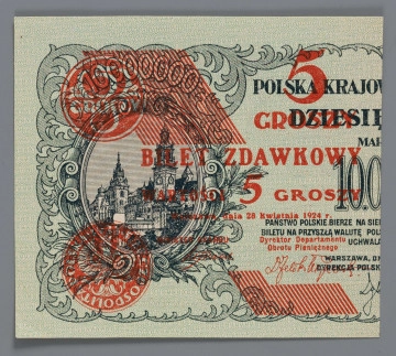 N/Bn/1417/ML N/Bn/1417/ML - Aw. na druk w czerwieni w prawej części banknotu o nominale 10 milionów marek polskich z 20 listopada 1923 r., bez numeracji. Od góry rysunek przedstawiający rewers i awers monety 5-groszowej z 1923 r. Centrlanie napis: 5 / GROSZY / BILET ZDAWKOWY / WARTOSCI 5 GROSZY / Warszawa, dnia 28 kwietnia 1924 r. / MINISTER SKARBU – Dyrektor Departamentu / Obrotu Pieniężnego
Podpisy: Władysław Grabski – Feliks Młynarski
Rw. Na lewej stronie rewersu banknotu o nominale 10 milionów marek polskich 16-wierszoa klauzula o treści:
Bilety zdawkowe stanowią prawny środek / płatniczy, mający moc umarzania zobowiązań / do kwoty 10 złotych, przy każdej wypłacie. / Kasy Skarbowe przyjmują bilety zdaw- / kowe w każdej ilości przy wszelkich wpła- / tach z wyjątkiem tych wpłat, które w myśl / obowiązujących przepisów winny być uisz- / czane w złocie. / Bilety zdawkowe poczynając od dnia / 1 listopada 1924 r. będą wymieniane przez / Skarb Państwa na monety zdawkowe wzglę- /dnie bilety Banku Polskiego. Obowiązek / dokonania przez Skarb Państwa wymiany / ustaje z dniem 31 stycznia 1925 roku.