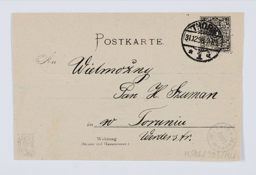 MPol/393/ML - Reprodukcja przedstawia portret Wincentego Pola w ujęciu z profilu oraz krótką notkę biograficzną. Karta pocztowa wypełniona czarnym atramentem - pozdrowienia noworoczne.