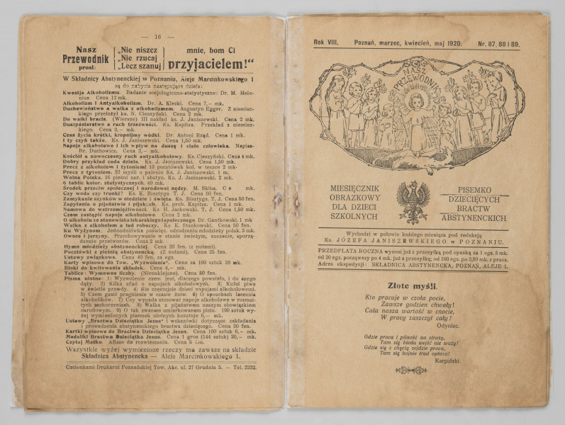 ML/MART/186 - Nasz Przewodnik - miesięcznik obrazkowy dla dzieci szkolnych, pisemko dziecięcych bractw abstynenckich pod redakcja ks. Józefa Janiszewskiego w Poznaniu, rocznik miał 50 stron, druk od lewej do prawej, 