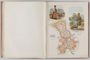 ML/H/650 - Okładka twarda, obklejona czerwonym płótnem, z wytłoczonym na złoto tytułem i ozdobami. Po lewej stronie popiersie kobiety bokiem, z wyciągniętą ręką trzymającą pędzel, poniżej kwiaty. W lewej części autor i tytuł, poniżej ozdobnik roślinny. Strona tytułowa przedstawia dwóch mężczyzn pochylonych nad mapą, w tle pejzaż wiejski z zamkiem na wzgórzu. Tytuł atlasu w wydzielonym, prostokątnym polu. Następna strona zawiera skorowidz i obiaśnienie znaków. Pierwsza z map to Mapa Ogólna Królestwa Polskiego z podziałem na gubernie i powiaty, następne to mapy powiatów. Na każdej stronie z mapą znajduja sie barwne grafiki z przedstawieniem zabytkowych budowli, typów ludowych, ruin, pejzaży. Do Atlasu dołączona luzem Mapa Guberni Lubelskiej, granice powiatu i wypełnienie błekitne.