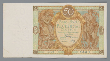 N/Bn/1743/ML N/Bn/1743/ML - Aw. W lewym marginesie znak wodny - popiersie Stefana Batorego w profilu w prawo i z oznaczeniem nominału: 50 / ZŁ. W podwójnej ramce w rogach wartość: 50; po bokach na osi poziomej monogramy BP. W polu centralnym kartusz, zwieńczony okrągłą zdobioną tarczą z wartością 50, z zakomponowaną treścią: Bank Polski / PIEĆDZIESIĄT / ZŁOTYCH / WARSZAWA D. 1 WRZEŚNIA 1929 r. / PREZES BANKU / NACZELNY DYREKTOR – SKARBNIK
Podpisy, odpowiednio: Władysław Wróblewski, Władysław Mieczkowski, Stanisław Orczykowski
U dołu seria i numer: Ser. E W. – 9648411
Rw. W prostej ramce z motywami roślinnymi w tondach budynki Banku Polskiego; z lewej stary budynek z 1828 r. na Placu Bankowym, z prawej nowy z okresu międzywojennego przy ul. Bielańskiej. Przedstawienia przedzielone kaduceuszem atrybutem Hermesa i rogami obfitości. Nad tondami, po przekątnej, oznaczenie nominału - 50, a niżej monogramy BP
Od góry napis: BANK POLSKI / PIĘĆDZIESIĄT ZŁOTYCH. Niżej w ramkach; z lewej: BILETY / BANKU POSLKIEGO / SĄ PRAWNYM / ŚRODKIEM PŁATNICZYM / W POLSCE; z prawej: PODRABIANIE - USIŁOWANIE / PODRABIANIA - PUSZCZANIE / W OBIEG - LUB - USIŁOWANIE / PUSZCZANIA W OBIEG / PODROBIONYCH BILETÓW / BANKU POLSKIEGO PODLEGA / KARZE CIĘŻKIEGO WIĘZIENIA
Po bokach na osi poziomej tonda z oznaczeniem nominału: 50