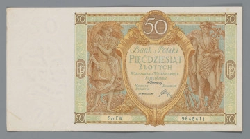 N/Bn/1743/ML N/Bn/1743/ML - Aw. W lewym marginesie znak wodny - popiersie Stefana Batorego w profilu w prawo i z oznaczeniem nominału: 50 / ZŁ. W podwójnej ramce w rogach wartość: 50; po bokach na osi poziomej monogramy BP. W polu centralnym kartusz, zwieńczony okrągłą zdobioną tarczą z wartością 50, z zakomponowaną treścią: Bank Polski / PIEĆDZIESIĄT / ZŁOTYCH / WARSZAWA D. 1 WRZEŚNIA 1929 r. / PREZES BANKU / NACZELNY DYREKTOR – SKARBNIK
Podpisy, odpowiednio: Władysław Wróblewski, Władysław Mieczkowski, Stanisław Orczykowski
U dołu seria i numer: Ser. E W. – 9648411
Rw. W prostej ramce z motywami roślinnymi w tondach budynki Banku Polskiego; z lewej stary budynek z 1828 r. na Placu Bankowym, z prawej nowy z okresu międzywojennego przy ul. Bielańskiej. Przedstawienia przedzielone kaduceuszem atrybutem Hermesa i rogami obfitości. Nad tondami, po przekątnej, oznaczenie nominału - 50, a niżej monogramy BP
Od góry napis: BANK POLSKI / PIĘĆDZIESIĄT ZŁOTYCH. Niżej w ramkach; z lewej: BILETY / BANKU POSLKIEGO / SĄ PRAWNYM / ŚRODKIEM PŁATNICZYM / W POLSCE; z prawej: PODRABIANIE - USIŁOWANIE / PODRABIANIA - PUSZCZANIE / W OBIEG - LUB - USIŁOWANIE / PUSZCZANIA W OBIEG / PODROBIONYCH BILETÓW / BANKU POLSKIEGO PODLEGA / KARZE CIĘŻKIEGO WIĘZIENIA
Po bokach na osi poziomej tonda z oznaczeniem nominału: 50