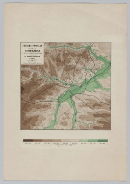 ML/H/1830 ML/H/1830 - Mapa w kolorach zieleni i brązu. Otoczona cienką, czarna ramką, posiada duży margines. Tytuł mapy w osobnym polu w lewym górnym rogu. Mapa zawiera objaśnienia w języku rosyjskim. Legenda w formie paska kolorów z objaśnieniami w dołu mapy. Całość naklejona na tekturę koloru kremowego.