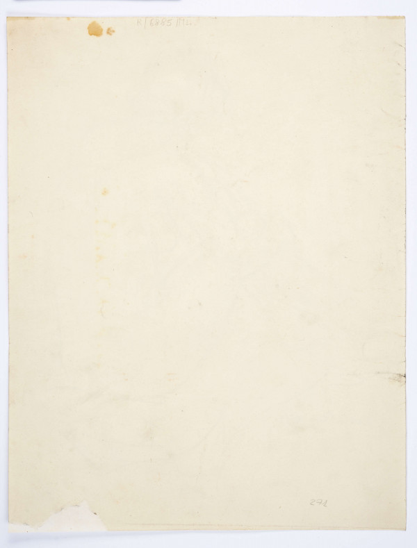 Postać ukazana id tyłu 3/4 w lewo, w pozycji siedzącej. Głowa pochylona, włosy zaczesane do tyłu, spięte na karku w kok, przy policzku kilka luźnych kosmyków. Plecy lekko zgarbione. Lewą zgiętą w łokciu ręką obejmuje ugięte w kolanach nogi. Postać siedząca na rozłożonej, lekko sfałdowanej tkaninie. rysunek szkicowy, miękki kontur sylwetki zarysowany wzmocnioną, płynną kreską, modelunek ciała podkreślony krótkimi kreskowaniami.