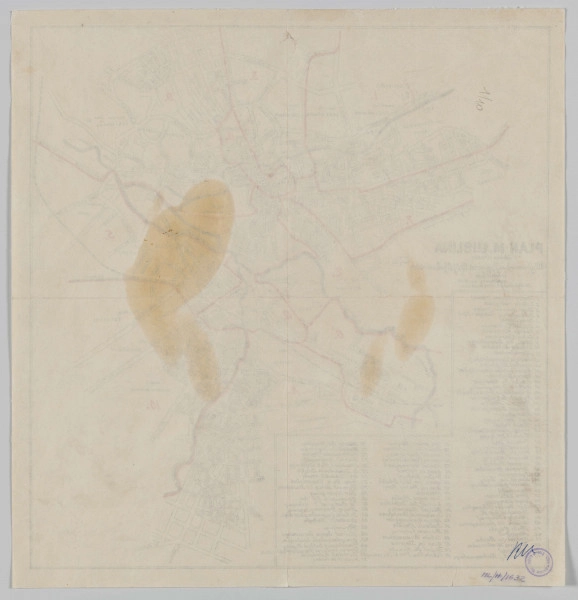 ML/H/1632 - Plan miasta Lublina opracowany w 1938 r. Druk jednostronny w kolorach czarnym i czerwonym. Tytuł, skala oraz informacja o wydawcy zamieszczone w lewej części karty różnym krojem czcionki. Poniżej w trzech kolumnach legenda zawierająca 91 opisów oznaczonych miejsc – zabytków, obiektów użyteczności publicznej, szkół, szpitali itp. (np. 1. Wieża Ciśnień (Nowa), 2. Szkoła Policyjna, 3. Dom starców i kalek […], 7. Szkoła Rzemieślnicza […], 28. Szpital Dziecięcy […]. 43. Teatr Miejski […], 48. Pomnik J. Kochanowskiego […], 90. Ośrodek zdrowia, 91. Kościół św. Teresy). Plan w skali 1:30000. Naniesione nazwy ulic, dzielnic oraz niektórych obiektów. Wyróżniona linia biegu rzek oraz trasy kolejowej. Kolorem czerwonym (liniami i cyframi arabskimi oznaczone podziały administracyjne). Całość ujęta w prostą ramkę. W p.d. rogu czerwonym kolorem mało czytelny nadruk nazwą drukarni (?). 