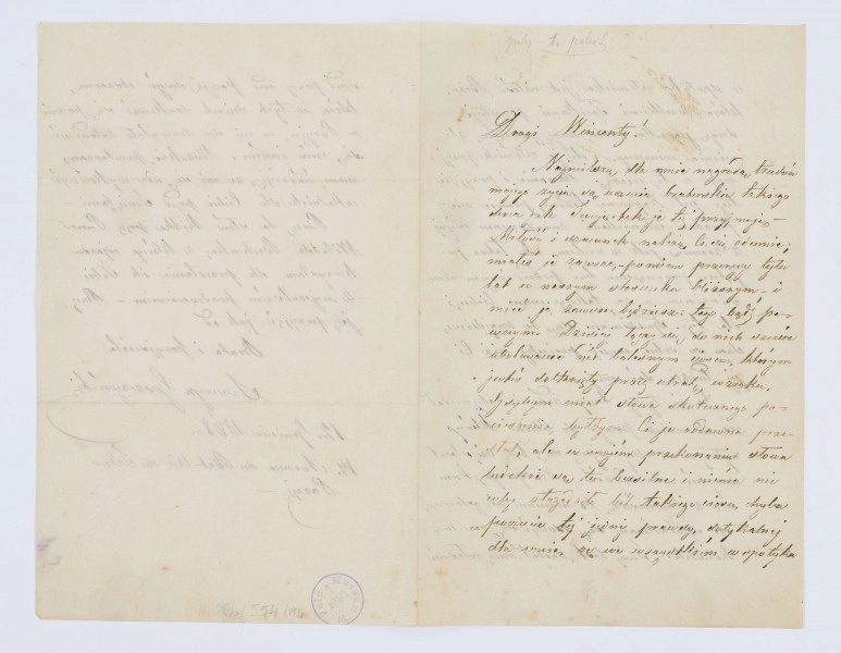 List Seweryna Goszczyńskiego do Wincentego Pola z 12.12.1868 r., sporządzony na trzech stronach, na bardzo cienkim papierze. Pismo czytelne, pochylone na prawo.