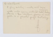 Rękopis Józefa Czechowicza, tekst zapisany czarnym ołówkiem na odwrocie kartonika (wym. 10 x 15 cm), na którym po stronie recto znajduje się drukowany formularz zaproszenia na 