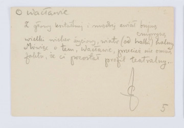 Rękopis Józefa Czechowicza, tekst zapisany czarnym ołówkiem na odwrocie kartonika (wym. 10 x 15 cm), na którym po stronie recto znajduje się drukowany formularz zaproszenia na 