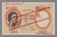 N/Bn/1622/ML - Aw. W prostej ramce z motywem paragrafu, na tle z motywem rozetek i krzyżyka, dwa ozdobne medaliony zwieńczone godłem państwa polskiego. Z lewej z wizerunkiem Tadeusza Kościuszki, z prawej ze znakiem wodnym z podobizną Tadeusza Kościuszki z profilu.  Nad medalionami oznaczenie wartości:20; pomiędzy cyframi litera: Z. Centralnie: BANK POLSKI / DWADZIEŚCIA / ZŁOTYCH / WARSZAWA / 15 . lipca . 1924 r. Niżej: PREZES BANKU / NACZELNY DYREKTOR – SKARBNIK; podpisy odpowiednio: Stanisław Karpiński / Władysław Mieczkowski – Stanisław Orczykowski. U dołu od lewej seria i numer: II EM. A / II EM. A – 1234567 / 8901234

Rw. W prostej ramce, na tle stylizowanego ornamentu roślinnego dwa osobne medaliony; w lewym znak wodny - wizerunek Tadeusza Kościuszki z profilu, w prawym godło państwa polskiego. Nad medalionami monogram BP. Na osi centralnie tekst formuły prawnej:  BILETY . BANKU . POLSKIEGO . / . SĄ . PRAWNYM . ŚRODKIEM . PŁATNICZYM .
U dołu tekst sankcji karnej: Podrabianie biletów, usiłowanie podrabiania, / puszczanie w obieg lub usiłowanie puszczania / w obieg podrobionych biletów podlega karom / wymienionym w art. 50-m statutu Banku.
Centralnie oznaczanie wartości: 20 – pomiędzy cyframi litera: Z
Dwustronne napisy w kolorze czerwonym: u góry z lewej i u dołu z prawej strony: Bez wartości oraz skośnie pomiędzy dwiema równoległymi podwójnymi liniami: WZÓR. Banknot perforowany dwiema dziurkami o średnicy około 12 mm.