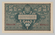 N/Bn/695/ML - Aw. W falistej ramce ornamentyka kwietna w stylu wiedeńskiej secesji. Z lewej stylizowana tarcza z godłem państwowym; z prawej w stylizowanej tarczy wizerunek Tadeusza Kościuszki 3/4 w lewo. W polu centralnym dużym liternictwem: DZIESIĘĆ / MARKEK POLSKICH; niżej drobnym drukiem: PAŃSTWO POSLKIE BIERZE NA SIEBIE ODPOWIEDZIALNOŚĆ ZA WY– / MIANĘ NINIEJSZEGO BILETU NA PRZYSZŁĄ  WALUTĘ POLSKĄ WE– / DŁUG STOSUNKU, KTÓRY DLA MAREK POLSKICH UCHWALI SEJM / USTAWODAWCZY. WARSZAWA, DNIA 23. SIERPNIA 1919 ROKU / DYREKCJA POLSKIEJ KRAJOWEJ KASY POŻYCZKOWEJ
W tle oznaczenie nominału 10
Podpisy: Józef Zarzycki (Dyrekcja PKKP); Marian Karpus (Skarbnik Główny)
W łuku u góry,  dużym liternictwem: POLSKA . KRAJOWA; u dołu: KASA . POŻYCZKOWA
Trzykrotne oznaczenie nominału: 10

Rw. W polu centralnym na tle roślinnie zdobionego stylizowanego czworoliścia ramka z czterowierszowym tekstem o sankcjach karnych za fałszowanie biletów PKKPW. Nad nią tarcza z godłem państwowym, niżej natomiast oznaczenie nominału: 10  Po bokach, w otoczeniu roślinnej ornamentyki, oznaczenie nominału: 10. Numer i seria: II SERJA DK –  No 898,755
