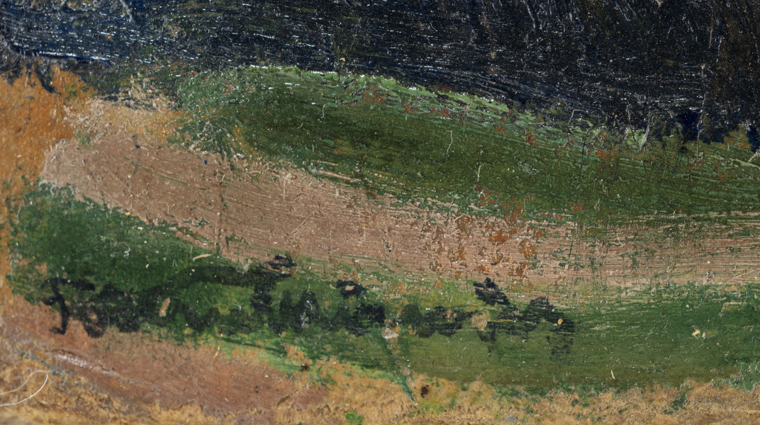 Pejzaż górski. W dolnej partii wzgórza, podzielone na pasy pól uprawnych. Na pierwszym planie po prawej samotna brzoza, bliżej centrum niewielki szałas. Powyżej wzgórz błękitne niebo z dominującymi nad krajobrazem biało-złotymi chmurami.  