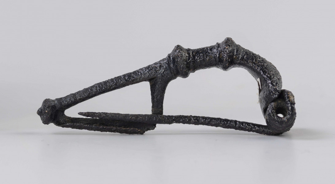 Fibula z brązu o ośmiozwojowej sprężynie i górnej cięciwie. Główka rozszerzająca się ku sprężynie, z dwoma grzebykami na kabłąku i trzecim na końcu nóżki. Typ Almgren 65 ?