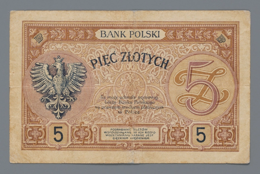 N/Bn/1502/ML - Aw. W prostej ramce, w tle z motywami arabeski i rogami obfitości, od góry z lewej:
5 – BANK POLSKI – 5. Niżej, centralnie: PIĘĆ / ZŁOTYCH. Po bokach w tondach; z lewej: 5 i Z, z prawej wizerunek księcia Józefa Poniatowskiego. Nieco niżej między tondami: DYREKCJA BANKU POLSKIEGO, podpisy: Stanisław Karpiński, Zygmunt Chamiec. W dolnej części ramki od lewej: S.35.B – WARSZAWA / dn.28.Lut.1919 r. – 090,004

Rw. W  ramce z motywami roślinnymi, w górnej  części centralnie: BANK POLSKI,  w rogach monogramy: BP. W polu środkowym, na tle ornamentu akantu, centralnie u góry w łuku: PIĘĆ ZŁOTYCH; niżej klauzula: Na mocy uchwały sejmowej / bilety Banku Polskiego / są prawnym środkiem płatniczym / w Polsce. Po bokach w tondach; z lewej godło państwa polskiego, z prawej oznaczenie nominału: 5 na tle ozdobnej litery Z. U dołu w ramce centralnie sankcja: PODRABIANIE BILETÓW / WSPÓŁDZIAŁANIE W ICH ROZPRO- / WSZECHNIANIU KARANE JEST / CIĘŻKIM WIĘZIENIEM. Po bokach, w sześciokątnych ramkach wartość: 5.