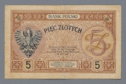 N/Bn/1502/ML - Aw. W prostej ramce, w tle z motywami arabeski i rogami obfitości, od góry z lewej:
5 – BANK POLSKI – 5. Niżej, centralnie: PIĘĆ / ZŁOTYCH. Po bokach w tondach; z lewej: 5 i Z, z prawej wizerunek księcia Józefa Poniatowskiego. Nieco niżej między tondami: DYREKCJA BANKU POLSKIEGO, podpisy: Stanisław Karpiński, Zygmunt Chamiec. W dolnej części ramki od lewej: S.35.B – WARSZAWA / dn.28.Lut.1919 r. – 090,004

Rw. W  ramce z motywami roślinnymi, w górnej  części centralnie: BANK POLSKI,  w rogach monogramy: BP. W polu środkowym, na tle ornamentu akantu, centralnie u góry w łuku: PIĘĆ ZŁOTYCH; niżej klauzula: Na mocy uchwały sejmowej / bilety Banku Polskiego / są prawnym środkiem płatniczym / w Polsce. Po bokach w tondach; z lewej godło państwa polskiego, z prawej oznaczenie nominału: 5 na tle ozdobnej litery Z. U dołu w ramce centralnie sankcja: PODRABIANIE BILETÓW / WSPÓŁDZIAŁANIE W ICH ROZPRO- / WSZECHNIANIU KARANE JEST / CIĘŻKIM WIĘZIENIEM. Po bokach, w sześciokątnych ramkach wartość: 5.