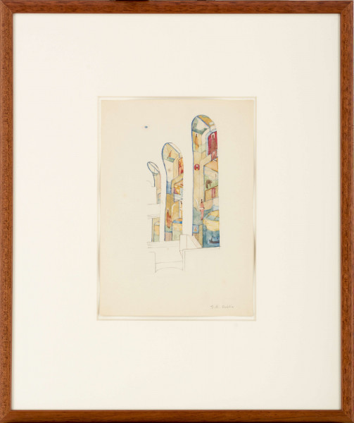 Projekt niezrealizowanej polichromii do kościoła akademickiego KUL. Widok od strony prezbiterium na ścianę północną nawy. Ściana podzielona na geometryzowane kwatery, w  których usytuowane całopostaciowe figury świętych trzymających banderole. W prawej dolnej kwaterze fragment przedstawienia z łodzią (?) W wyższych partiach nawy postacie świętych ujęte w popiersiach. Przedstawienie utrzymane w jasnej, pastelowej tonaji barwnej.