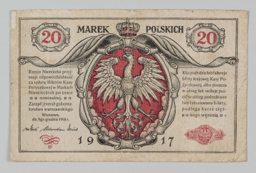 N/Bn/128/ML - Aw. W polu centralnym, w czerwonym bogato zdobionym kartuszu Orzeł polski. U góry w kartuszach, z prawej i lewej oznaczenia nominału, pomiędzy którymi rozdzielony przez koronę napis: MAREK  – POLSKICH
Niżej z lewej, obok wizerunku Orła napis: 
Rzesza Niemiecka przyj- / muje odpowiedzialność/ za spłatę biletów Polskiej / Krajowej Kasy Pożycz- / kowej w Markach Nie- / mieckich po cenie nomi- /nalnej. / Zarząd jenerał-guberna- / torstwa Warszawskiego / Warszawa, / dn. 9-go grudnia 1916 r. 
Faksymilowane podpisy: von Kries, Überschaer, von Conrad 
Z prawej, obok wizerunku Orła napis:
Kto podrabia lub fałszuje / bilety  krajowej Kasy Po- / życzkowej, albo puszcza / w obieg lub usiłuje puś- / cić w obieg podrobione / lub fałszowane bilety, / podlega karze cięż- / kiego więzienia.
Niżej, w kolorze czerwonym, graficzne przedstawienie pieczęci Zarządu Generał-Gubernatorstwa Warszawskiego na wstędze z oznaczeniem nominału. U dołu data rozdzielona przez kartusz: 19 – 17

Rw. Z lewej i prawej medaliony z żeńskimi głowami. Napis u góry w dwóch wierszach – pierwszy w łuku: BILET POLSKIEJ KRAJOWEJ / KASY POŻYCZKOWEJ
Niżej, na osi poziomej w ornamencie giloszowym po bokach, oznaczanie nominału. U dołu napis poziomo, rozdzielony przez oznaczenie wartości w giloszy:
DWADZIEŚCIA – MAREK POLSKICH
Wyżej seria i numer: A.1020954