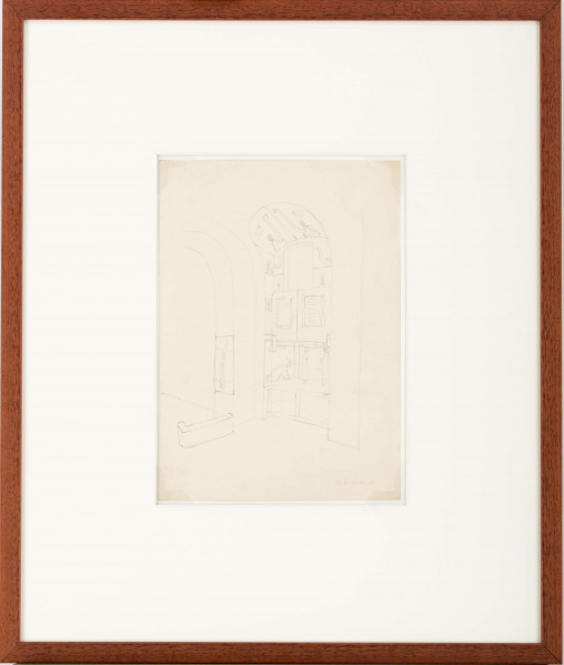 Projekt niezrealizowanej polichromii do kościoła akademickiego KUL. Widok na ścianę południową nawy z wyodrębnionymi kwaterami, które wypełniają w dolnej częsći zarysowane szkicowo sceny z Drogi Krzyżowej, w środkowym pasie dwa geometryczne pola, powyżej wizerunki świętych oraz banderole.