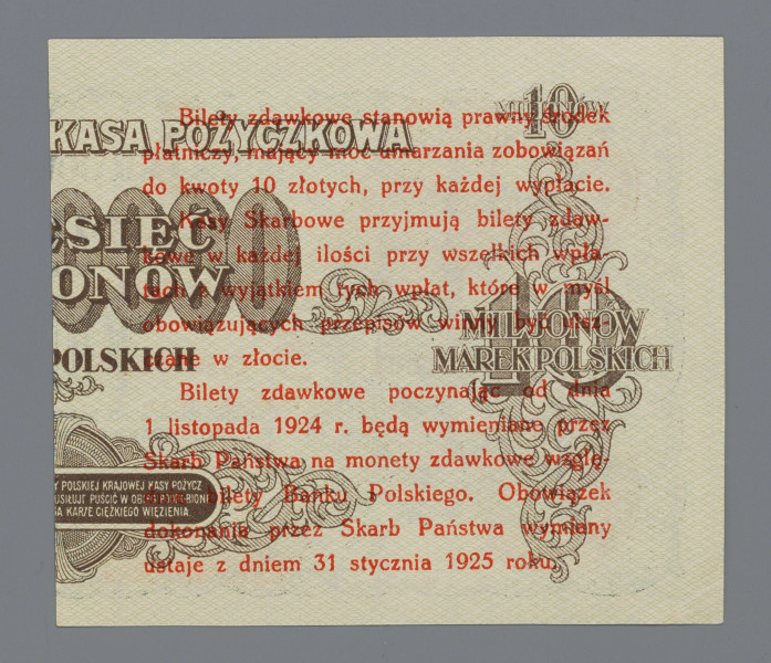 N/Bn/1417/ML - Aw. na druk w czerwieni w prawej części banknotu o nominale 10 milionów marek polskich z 20 listopada 1923 r., bez numeracji. Od góry rysunek przedstawiający rewers i awers monety 5-groszowej z 1923 r. Centrlanie napis: 5 / GROSZY / BILET ZDAWKOWY / WARTOSCI 5 GROSZY / Warszawa, dnia 28 kwietnia 1924 r. / MINISTER SKARBU – Dyrektor Departamentu / Obrotu Pieniężnego 
Podpisy: Władysław Grabski – Feliks Młynarski

Rw. Na lewej stronie rewersu banknotu o nominale 10 milionów marek polskich 16-wierszoa klauzula o treści: 
Bilety zdawkowe stanowią prawny środek / płatniczy, mający moc umarzania zobowiązań / do kwoty 10 złotych, przy każdej wypłacie. / Kasy Skarbowe przyjmują bilety zdaw- / kowe w każdej ilości przy wszelkich wpła- / tach z wyjątkiem tych wpłat, które w myśl / obowiązujących przepisów winny być uisz- / czane w złocie. / Bilety zdawkowe poczynając od dnia / 1 listopada 1924 r. będą wymieniane przez / Skarb Państwa na monety zdawkowe wzglę- /dnie bilety Banku Polskiego. Obowiązek / dokonania przez Skarb Państwa wymiany / ustaje z dniem 31 stycznia 1925 roku.