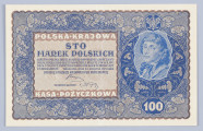 Aw. W falistej ramce ornamentyka kwietna w stylu wiedeńskiej secesji. Z prawej w stylizowanej tarczy wizerunek Tadeusza Kościuszki, na podstawie obrazu Józefa Grassiego. Wyżej w mniejszej tarczy godło państwowe, niżej oznaczenie nominału - 100. W ramce z lewej, na tle nominału - 100, od góry: POLSKA . KRAJOWA / STO / MAREK POLSKICH;   niżej drobnym drukiem: PAŃSTWO POSLKIE BIERZE NA SIEBIE ODPOWIEDZIALNOŚĆ ZA WY- / MIANĘ NINIEJSZEGO BILETU NA PRZYSZŁĄ WALUTĘ POLSKĄ WE- / DŁUG STOSUNKU, KTÓRY DLA MAREK POLSKICH UCHWALI SEJM . / USTAWODAWCZY. WARSZAWA, DNIA 23. SIERPNIA 1919 ROKU / DYREKCJA POLSKIEJ KRAJOWEJ KASY POŻYCZKOWEJ
Podpisy: Józef Zarzycki (Dyrekcja PKKP); Marian Karpus (Skarbnik Główny)

Rw. W falistej ramce ornamentyka kwietna. U góry na osi godło państwowe, po bokach od lewej numer i seria: IJ SERJA M – Nr 109828. Niżej ramka z czterowierszowym tekstem mówiącym o sankcjach karnych za fałszowanie pieniądza, po bokach w ozdobnych tondach oznaczenie nominału: 100 – 100