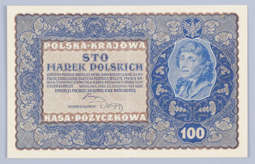 Aw. W falistej ramce ornamentyka kwietna w stylu wiedeńskiej secesji. Z prawej w stylizowanej tarczy wizerunek Tadeusza Kościuszki, na podstawie obrazu Józefa Grassiego. Wyżej w mniejszej tarczy godło państwowe, niżej oznaczenie nominału - 100. W ramce z lewej, na tle nominału - 100, od góry: POLSKA . KRAJOWA / STO / MAREK POLSKICH;   niżej drobnym drukiem: PAŃSTWO POSLKIE BIERZE NA SIEBIE ODPOWIEDZIALNOŚĆ ZA WY- / MIANĘ NINIEJSZEGO BILETU NA PRZYSZŁĄ WALUTĘ POLSKĄ WE- / DŁUG STOSUNKU, KTÓRY DLA MAREK POLSKICH UCHWALI SEJM . / USTAWODAWCZY. WARSZAWA, DNIA 23. SIERPNIA 1919 ROKU / DYREKCJA POLSKIEJ KRAJOWEJ KASY POŻYCZKOWEJ
Podpisy: Józef Zarzycki (Dyrekcja PKKP); Marian Karpus (Skarbnik Główny)

Rw. W falistej ramce ornamentyka kwietna. U góry na osi godło państwowe, po bokach od lewej numer i seria: IJ SERJA M – Nr 109828. Niżej ramka z czterowierszowym tekstem mówiącym o sankcjach karnych za fałszowanie pieniądza, po bokach w ozdobnych tondach oznaczenie nominału: 100 – 100