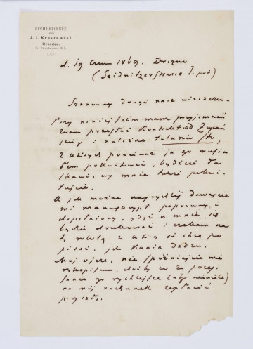 List Józefa Ignacego Kraszewskiego do Wincentego Pola z 01.06.1869 r. to rękopis dwustronny. Tekst pisany czarnym atramentem, mało czytelny. List kontynuowany jest na odwrocie kartki, w jednej trzeciej strony (4 wersy).