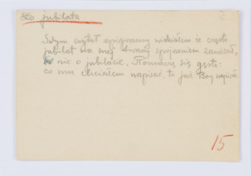 Rękopis Józefa Czechowicza, tekst zapisany czarnym ołówkiem na odwrocie kartonika (wym. 10 x 15 cm), na którym po stronie recto znajduje się drukowany formularz zaproszenia na 