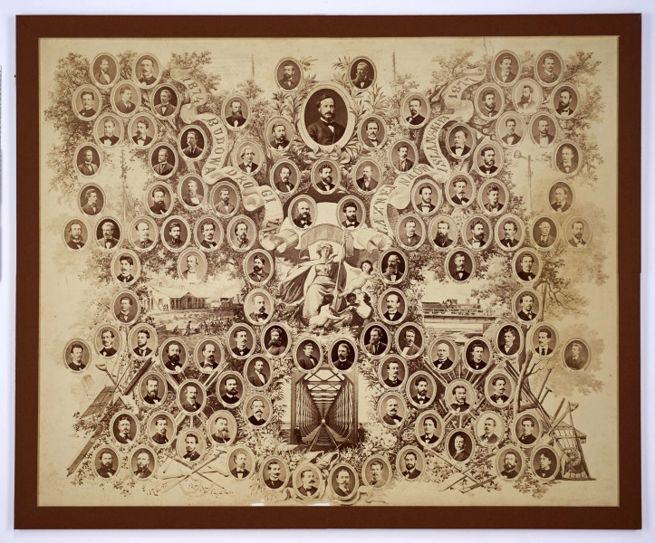 Fotografie w odcieniu sepii umieszczone na tle drzew i roślin, w centralnym miejscu postać kobiety ze sztandarem i aniołkami, wkomponowane widoki budowanej stacji, mostu kolejowego i lokomotywy. Największe zdjęcie w górnej, środkowej części bez podpisu, prawdopodobnie inż. głównej kolei nadwiślańskiej Tadeusz Chrzanowski lub jego następca Walery Titkow. Wśród podobizn pracownicy Biura Głównego Inżyniera: inż. Włodzimierz Stanisławski - pomocnik głównego inżyniera; inż. Feliks Kucharzewski -  pomocnik naczelnika biura; Feliks Kamocki - naczelnik kancelarii; Witold Lanci - naczelnik Wydz. Architektury; dr Wacław Lasocki- służba zdrowia; Władysław Radwan - sprawy zakupu gruntów; inż. Stanisław hr Scipio - projektant mostów kolejowych i jego współpracownicy: inż. Stefan Zieliński, inż. Maurycy Machalski, inż. Feliks Kucharzewski. Fotografia w passe - partout, za szkłem, oprawiona w drewnianą, profilowaną ramę.